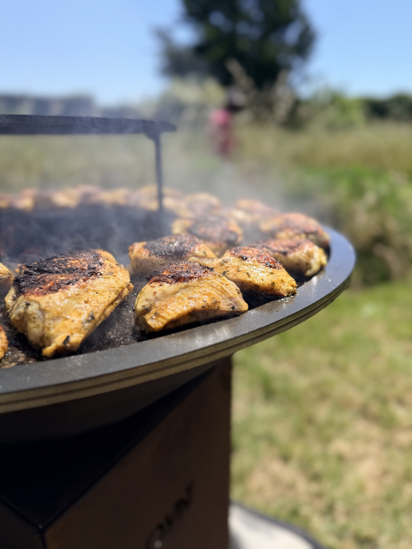 Brasero installé en extérieur avec viandes en cuisson